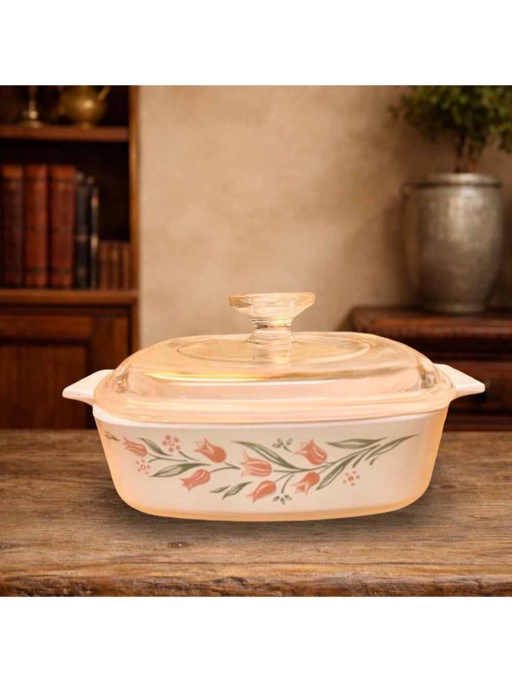 CorningWare Casserole Dish With Lid Pink Tulip Pattern A-1-B 1 Quart Vintage USA